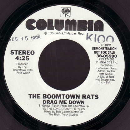 The Boomtown Rats : Drag Me Down (7", Single, Promo, Styrene)