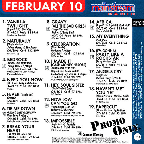 Various : Promo Only Mainstream Radio: February 2010 (CD, Comp, Promo)