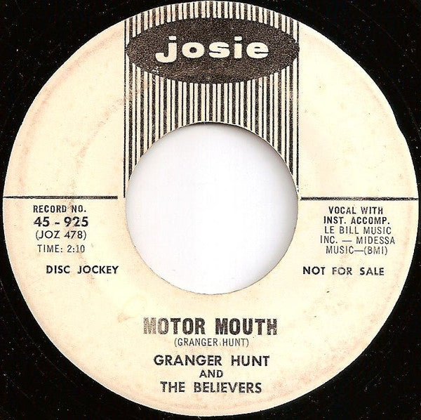 Granger Hunt & The Believers : Motor Mouth / Love Wasn't Real (7", Single, Promo)