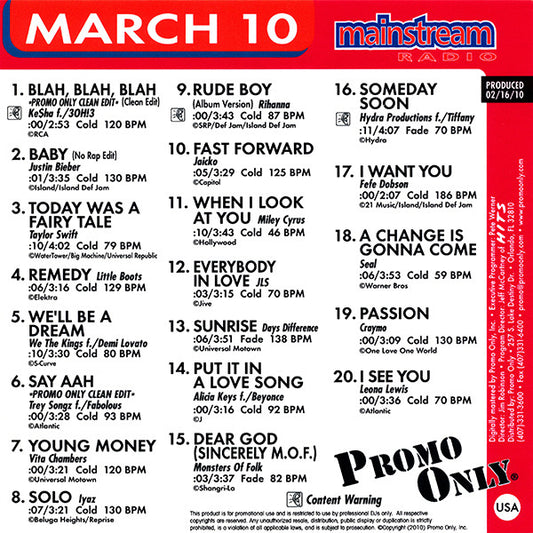 Various : Promo Only Mainstream Radio: March 2010 (CD, Comp, Promo)