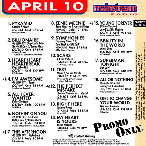 Various : Promo Only Mainstream Radio (April 2010) (CD, Comp, Promo)
