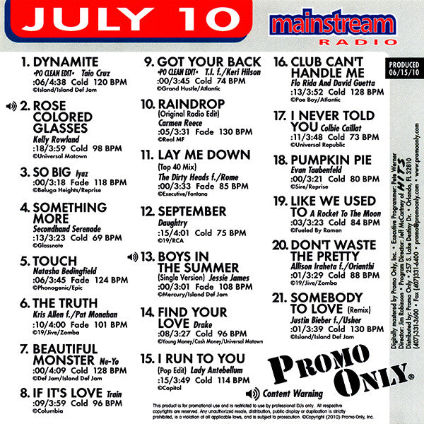 Various : Promo Only Mainstream Radio: July 2010 (CD, Comp, Promo)