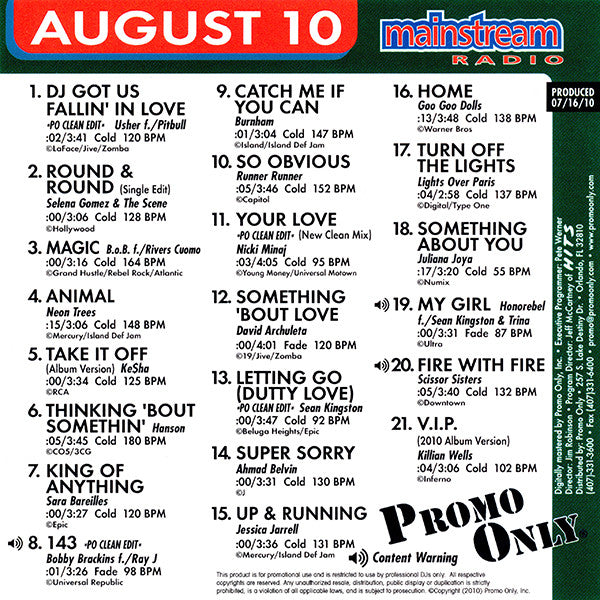 Various : Promo Only Mainstream Radio: August 2010 (CD, Comp, Promo)
