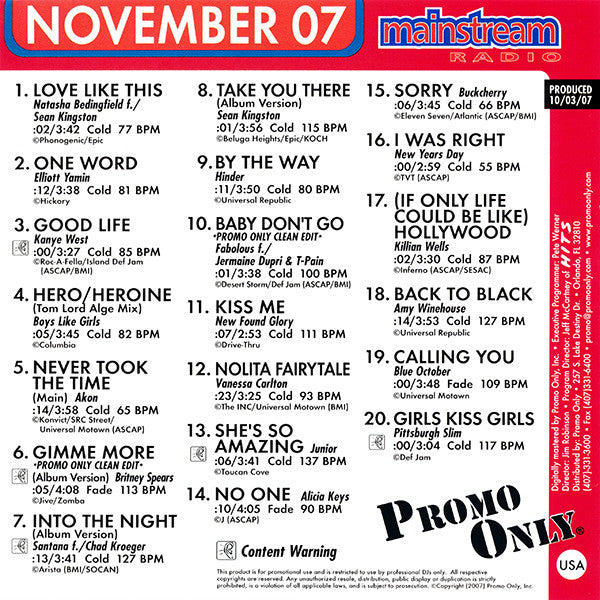 Various : Promo Only Mainstream Radio: November 07 (CD, Comp, Promo)