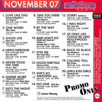Various : Promo Only Mainstream Radio: November 07 (CD, Comp, Promo)