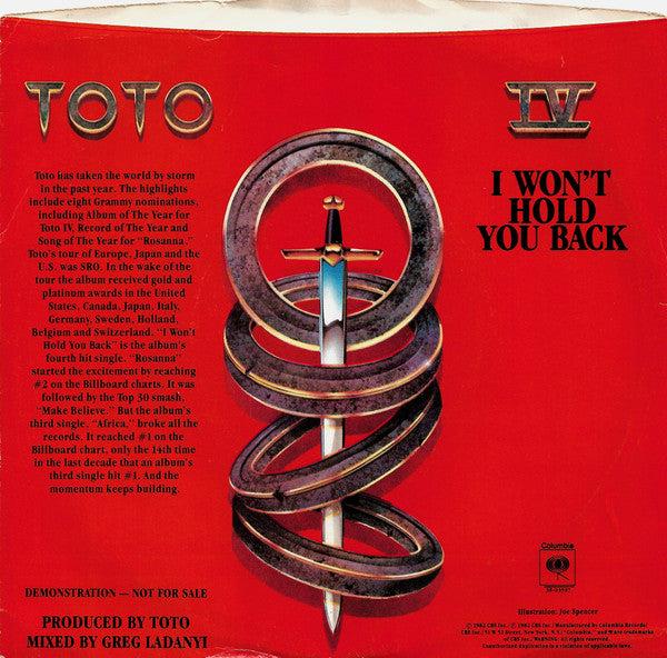 Toto : I Won't Hold You Back (7", Promo)