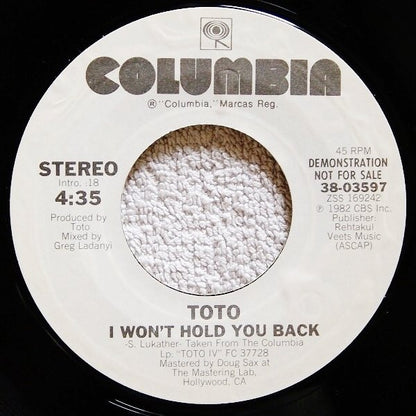 Toto : I Won't Hold You Back (7", Promo)