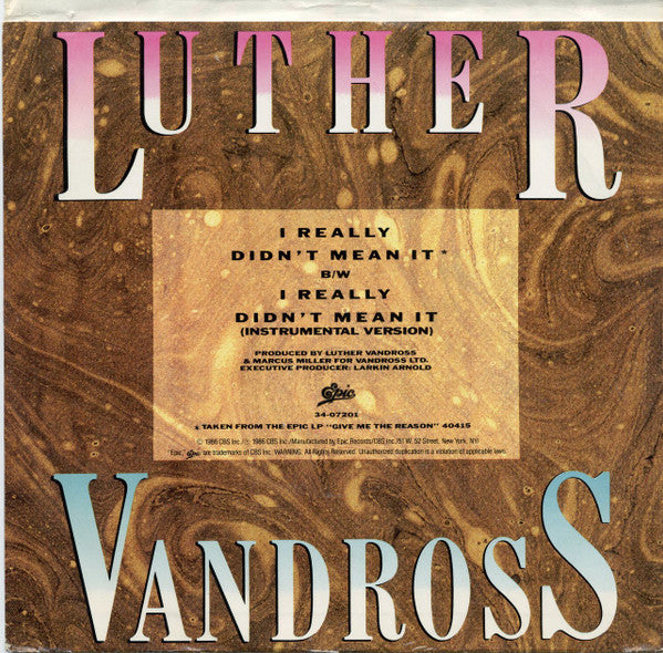 Luther Vandross : I Really Didn't Mean It (7", Single, Styrene)