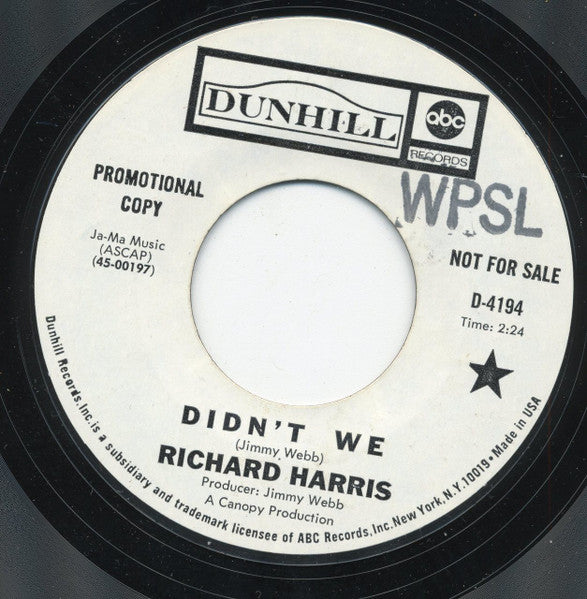 Richard Harris : Didn't We (7", Promo)