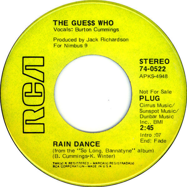 The Guess Who : Rain Dance / One Divided (7", Single, Promo)