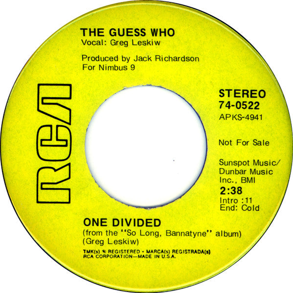 The Guess Who : Rain Dance / One Divided (7", Single, Promo)