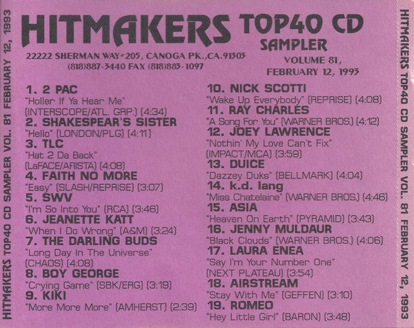Various : Hitmakers Top 40 CD Sampler Volume 81 February 12, 1993 (CD, Promo, Smplr)