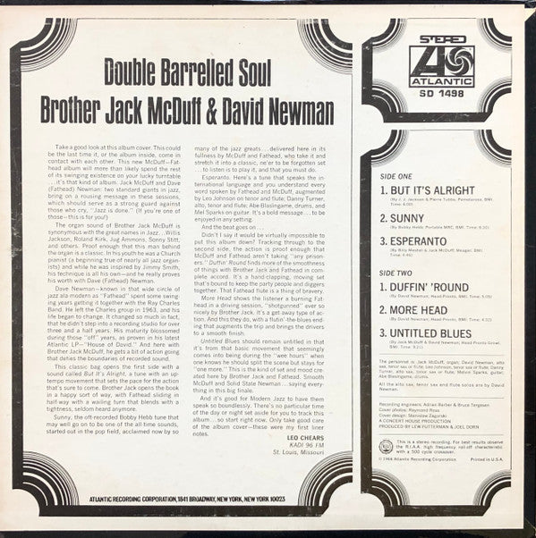 Brother Jack McDuff & David "Fathead" Newman : Double Barrelled Soul (LP, Album, RP, PR)