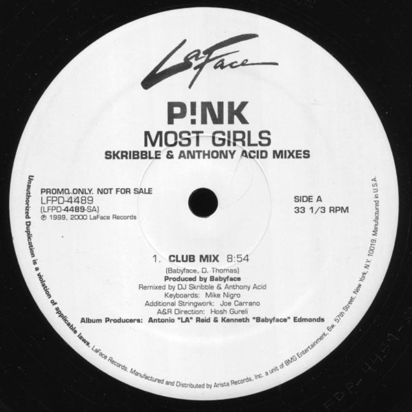 P!NK : Most Girls (Skribble & Anthony Acid Mixes) (12", Promo)