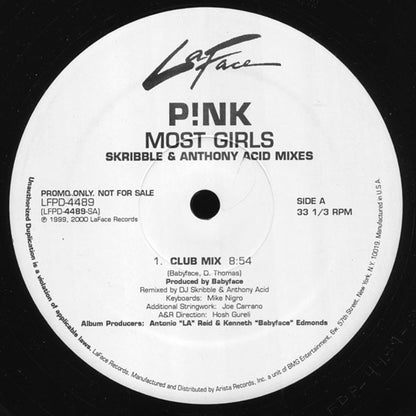 P!NK : Most Girls (Skribble & Anthony Acid Mixes) (12", Promo)