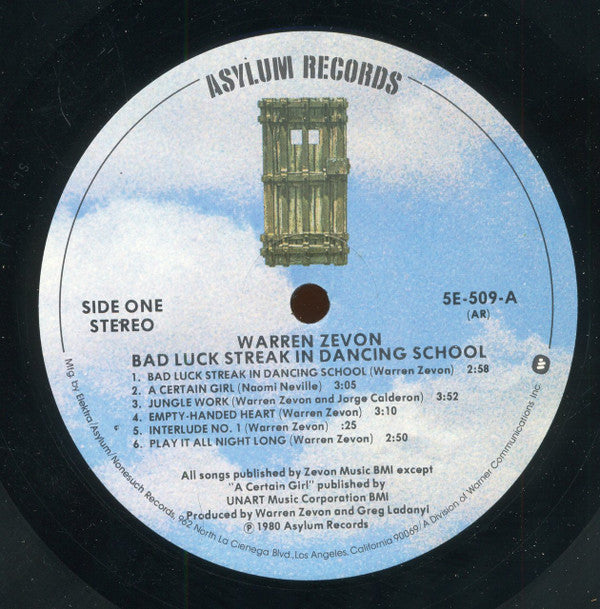 Warren Zevon : Bad Luck Streak In Dancing School (LP, Album, AR )