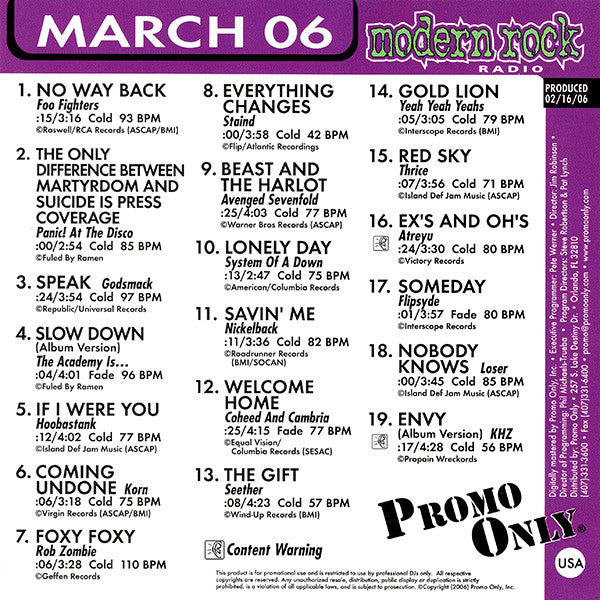 Various : Promo Only Modern Rock Radio: March 2006 (CD, Comp, Promo)