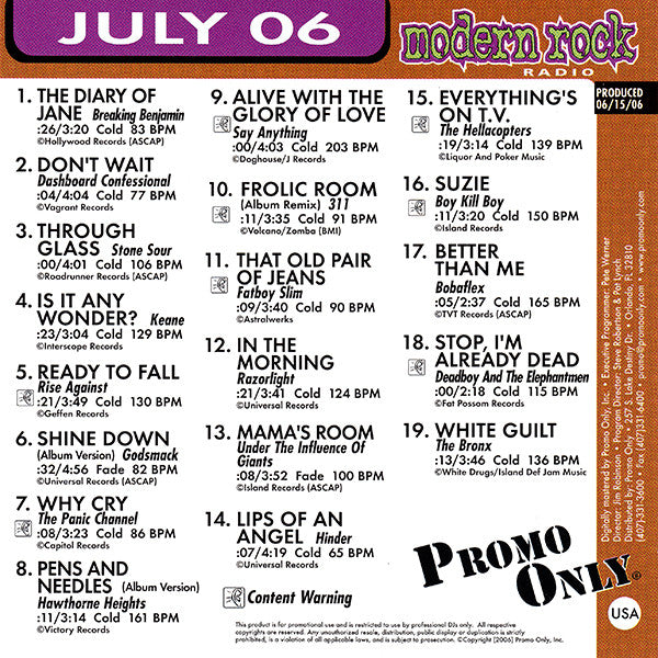 Various : Promo Only Modern Rock Radio: July 2006 (CD, Comp, Promo)
