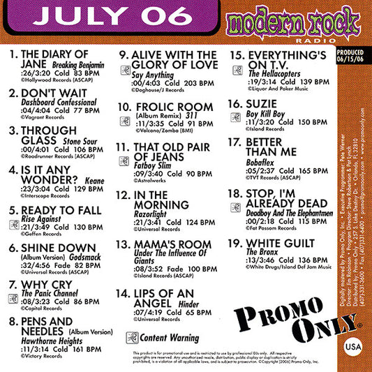 Various : Promo Only Modern Rock Radio: July 2006 (CD, Comp, Promo)