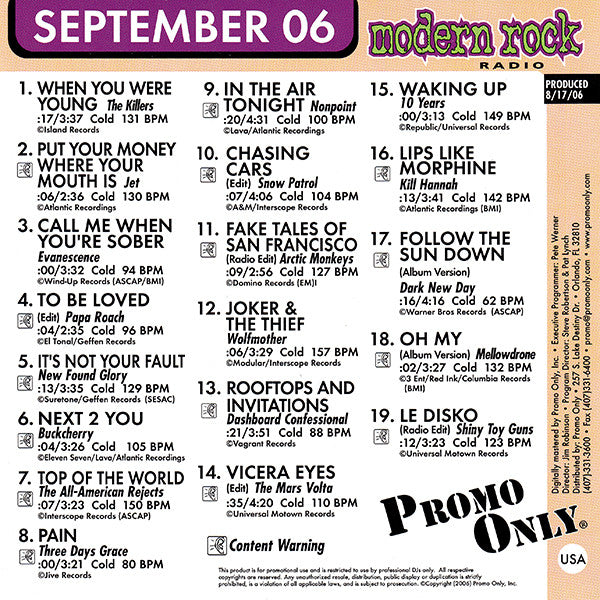 Various : Promo Only Modern Rock Radio: September 2006 (CD, Comp, Promo)