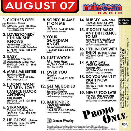 Various : Promo Only Mainstream Radio: August 07 (CD, Comp, Promo)