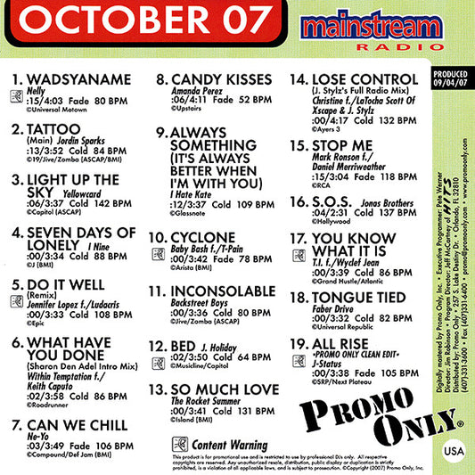 Various : Promo Only Mainstream Radio: October 07 (CD, Comp, Promo)