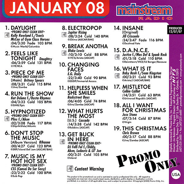 Various : Promo Only Mainstream Radio: January 08 (CD, Comp, Promo)