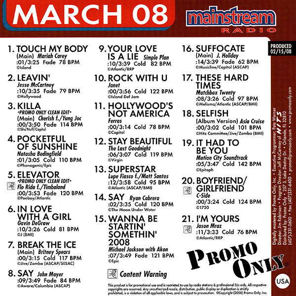 Various : Promo Only Mainstream Radio: March 08 (CD, Comp, Promo)