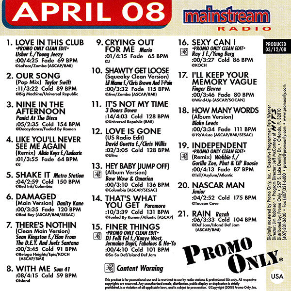Various : Promo Only Mainstream Radio: April 2008 (CD, Comp, Promo)