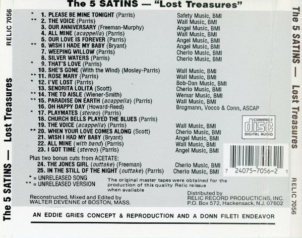 The Five Satins : Lost Treasures (CD, Comp)