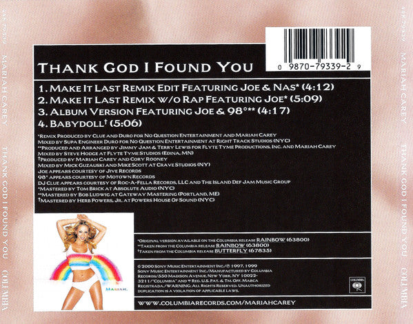 Mariah Carey Featuring Remix Versions With Nas And Joe : Thank God I Found You (CD, Maxi, Pit)