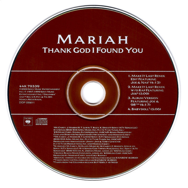 Mariah Carey Featuring Remix Versions With Nas And Joe : Thank God I Found You (CD, Maxi, Pit)