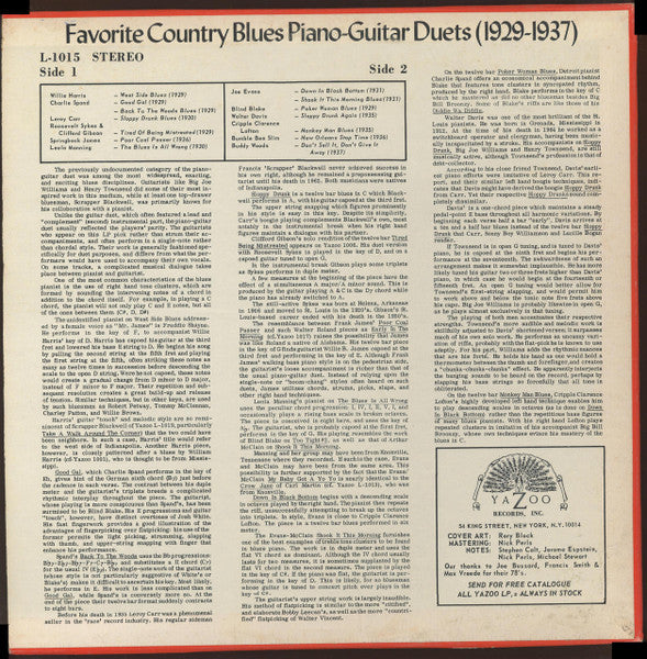 Various : Favorite Country Blues Guitar-Piano Duets (1929-1937) (LP, Comp, Bla)