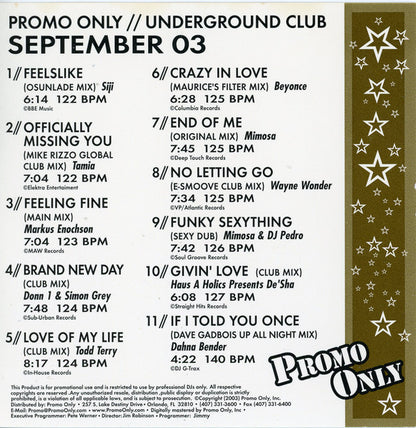 Various : Promo Only Underground Club: September 2003 (CD, Comp, Promo)
