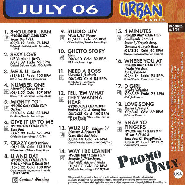 Various : Promo Only Urban Radio July 2006 (CD, Comp, Promo)