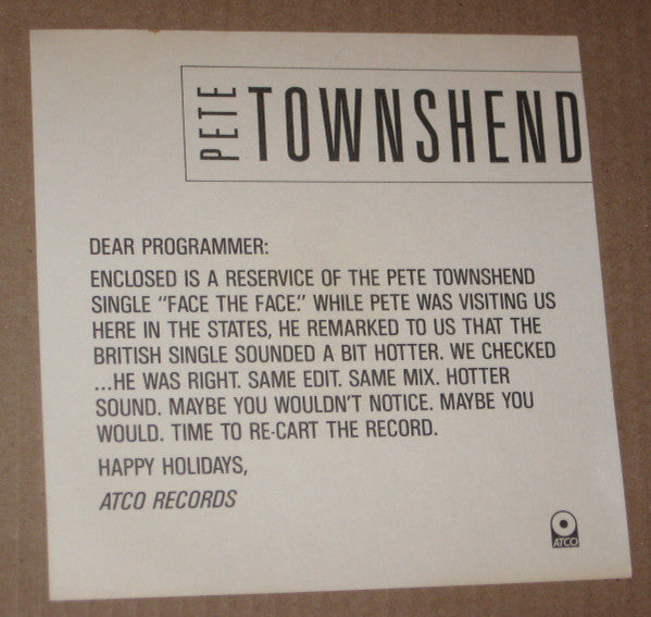 Pete Townshend : Face The Face (7", Single, Promo, Edi)
