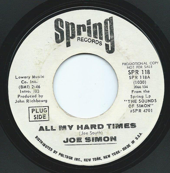 Joe Simon : All My Hard Times / Georgia Blue (7", Single, Promo, Styrene)
