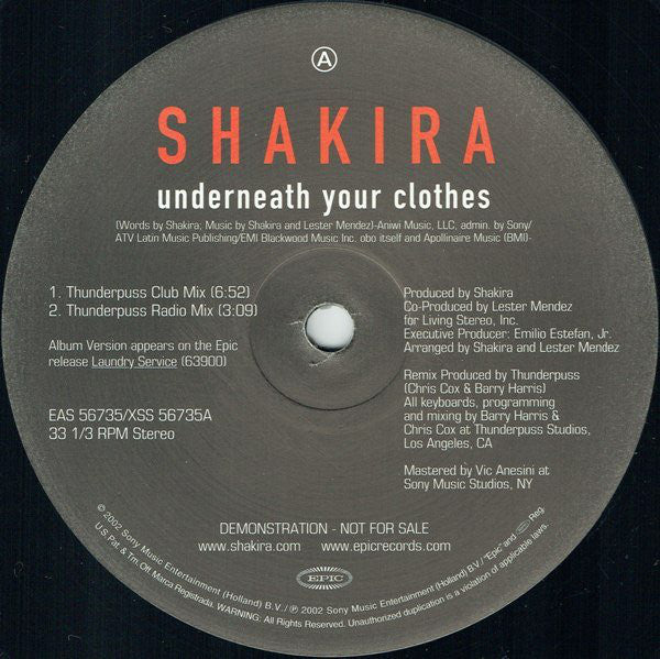 Shakira : Underneath Your Clothes (Thunderpuss Remixes) (12", Promo)