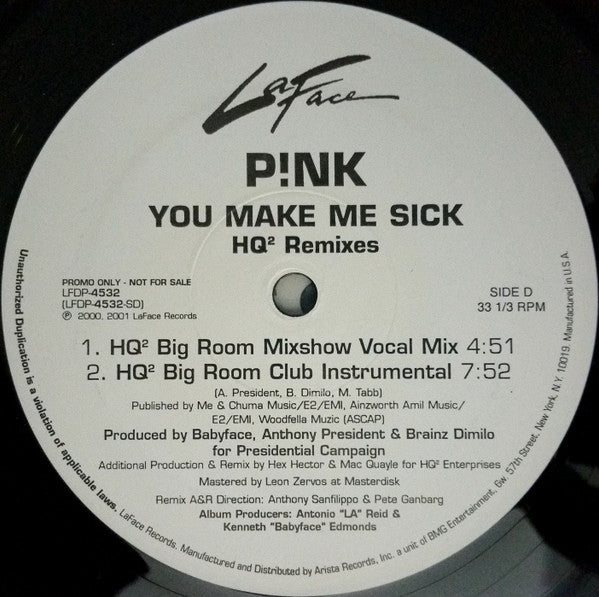 P!NK : You Make Me Sick (HQ² Remixes) (2x12", Single, Promo)