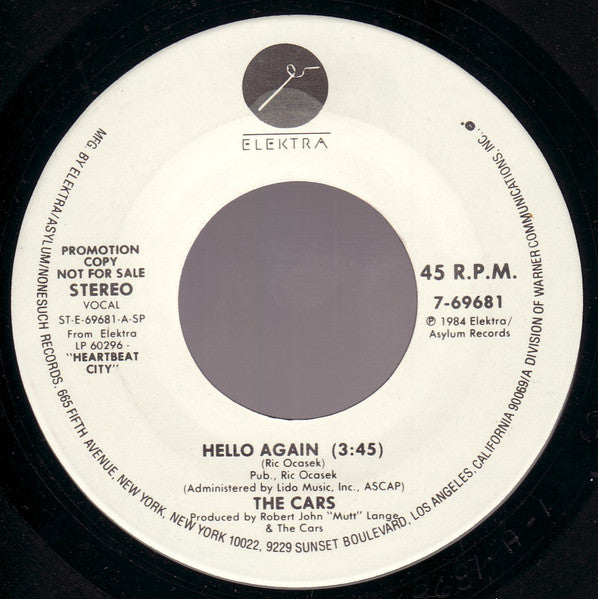 The Cars : Hello Again (7", Single, Promo, Spe)
