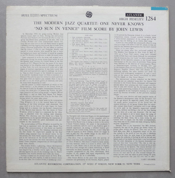 The Modern Jazz Quartet : The Modern Jazz Quartet Plays One Never Knows - Original Film Score For “No Sun In Venice” (LP, Album, Mono, RP)