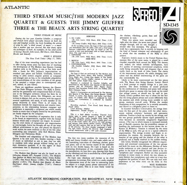 The Modern Jazz Quartet : Third Stream Music (LP, Album, RE)