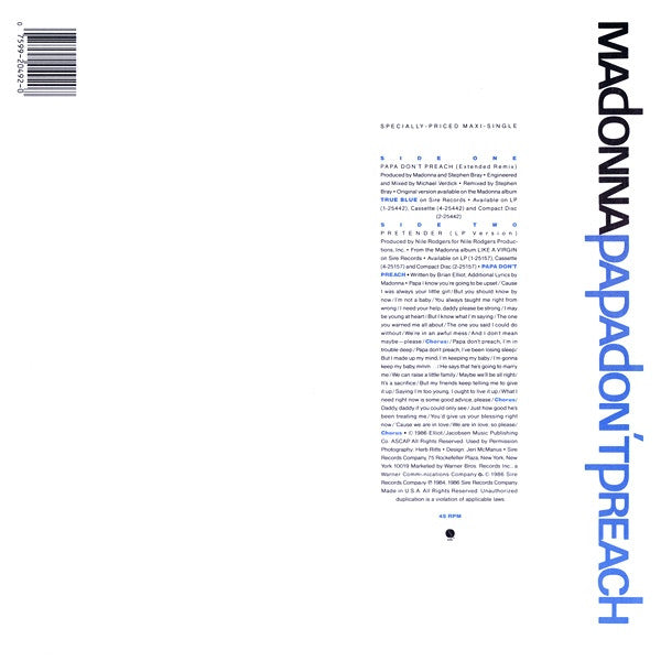 Madonna : Papa Don't Preach (12", Maxi, All)