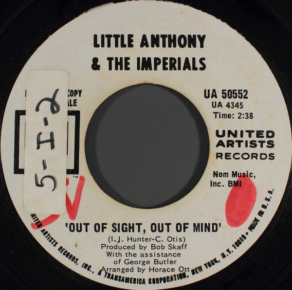 Little Anthony & The Imperials : Out Of Sight, Out Of Mind (7", Promo, Styrene, She)