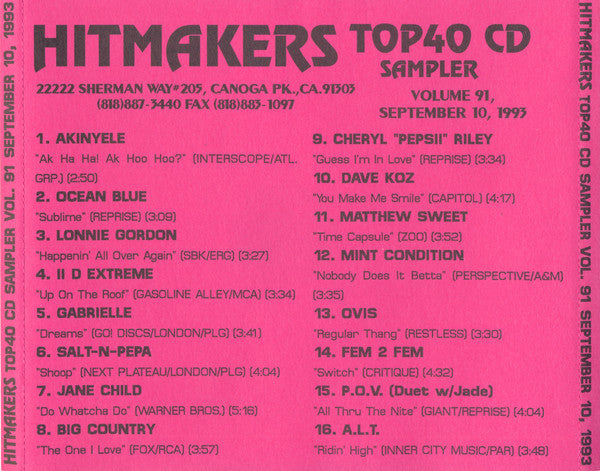 Various : Hitmakers Top40 CD Sampler Vol. 91, September 10, 1993 (CD, Comp, Promo, Smplr)