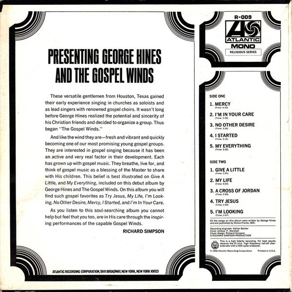 George Hines (3) & The Gospel Winds : Presenting George Hines And The Gospel Winds (LP, Album, Mono)