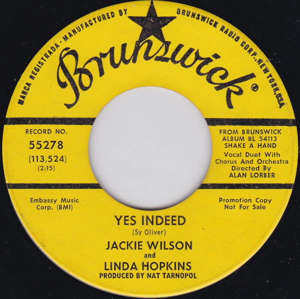 Jackie Wilson And Linda Hopkins : Yes Indeed / When The Saints Go Marching In (7", Single, Promo)