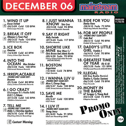 Various : Promo Only Mainstream Radio: December 06 (CD, Comp, Promo)