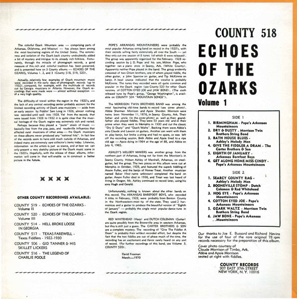 Various : Echoes Of The Ozarks Volume I (Arkansas String Bands 1927-1930) (LP, Comp)