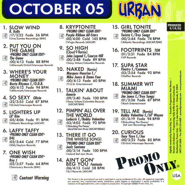 Various : Promo Only Urban Radio: October 2005 (CD, Comp, Promo)